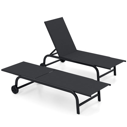 Outdoor Chaise Lounge Chair Set of 2 with Wheels 6-Position Recliner with 180° Full Flat-Black