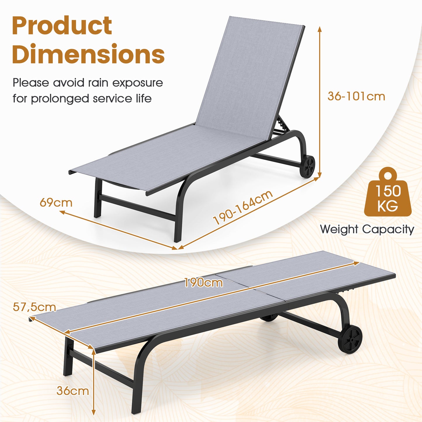 Outdoor Chaise Lounge Chair Set of 2 with Wheels 6-Position Recliner with 180° Full Flat-Grey