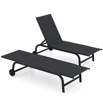 Outdoor Chaise Lounge Chair Set of 2 with Wheels and 180° Full Flat-Black