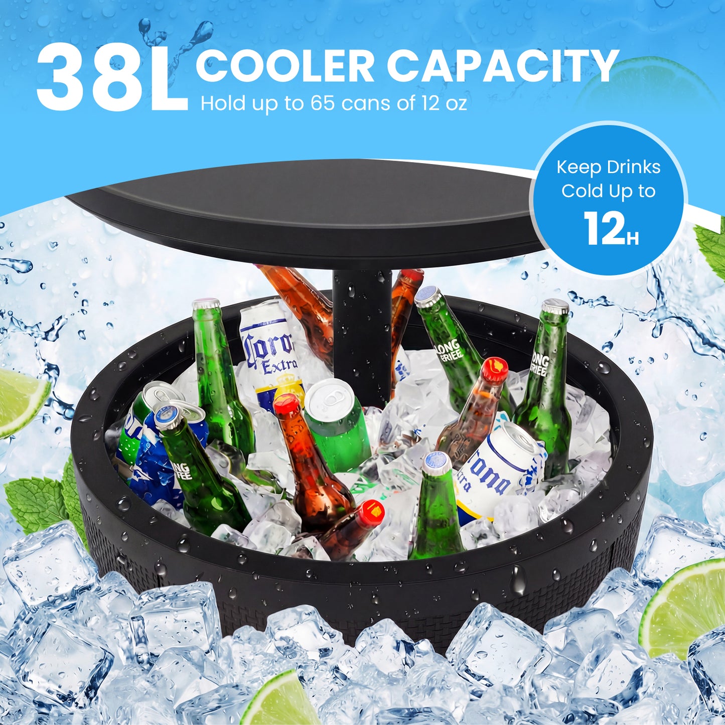 Outdoor Cool Cocktail Bar Table 38L Beer and Wine Cooler with Lift-Top-Black