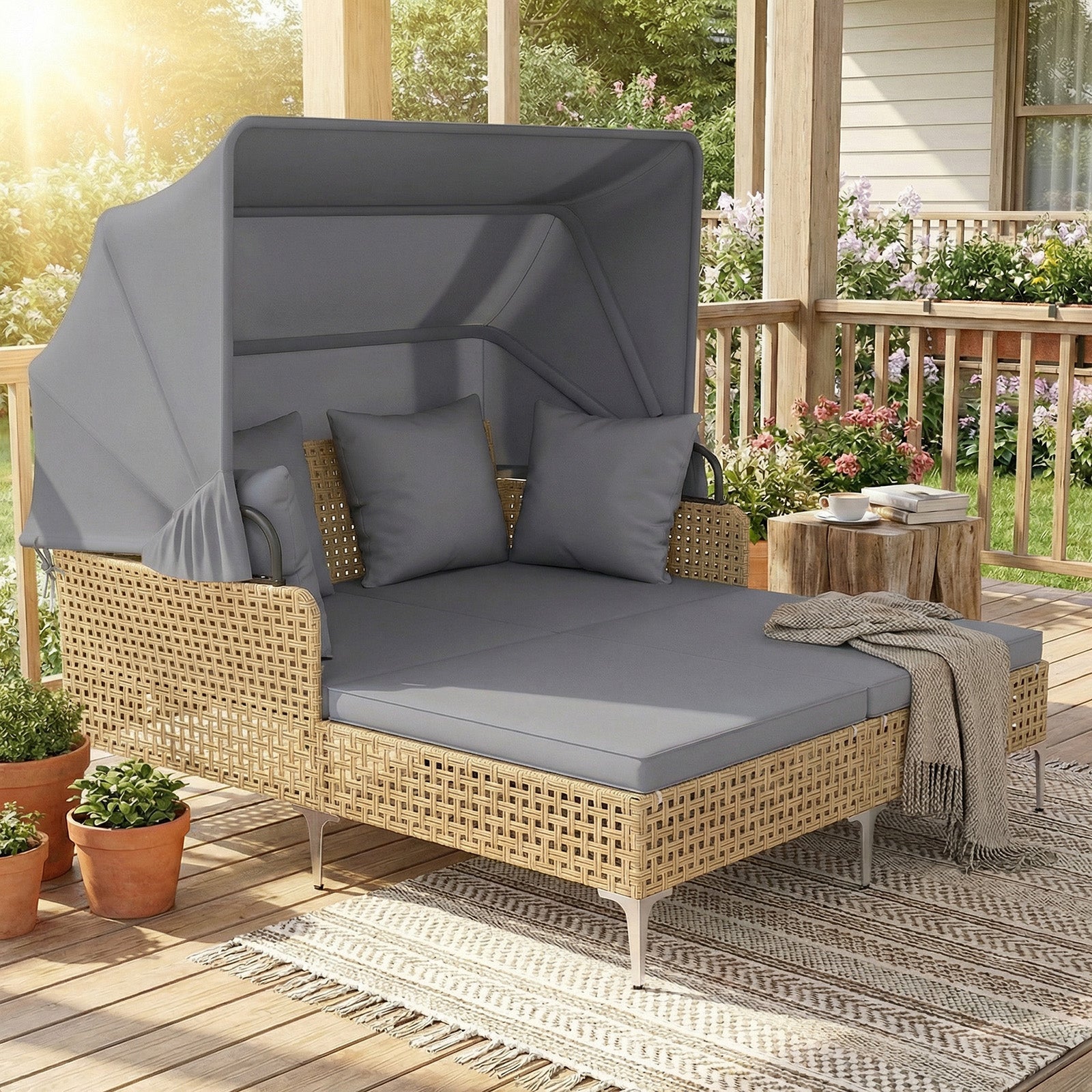 Outdoor Daybed with Retractable Canopy and Soft Pillows-Grey