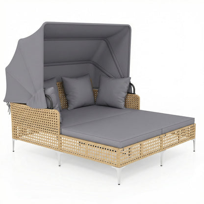 Outdoor Daybed with Retractable Canopy and Soft Pillows-Grey