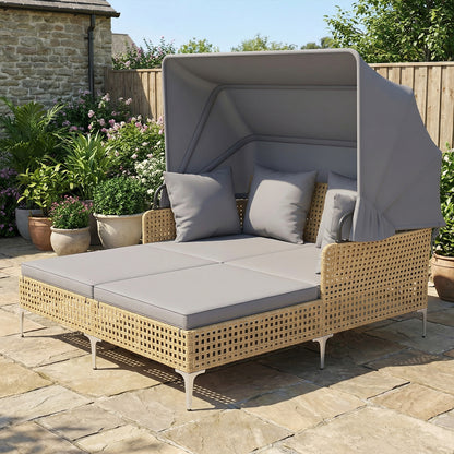 Outdoor Daybed with Retractable Canopy and Soft Pillows-Grey