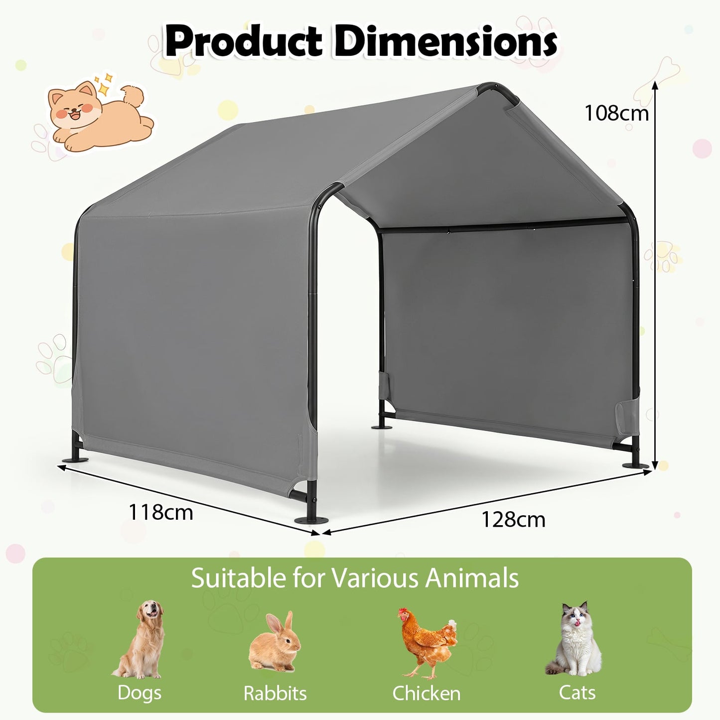 Outdoor Dog Shade Shelter for Large Medium Small Breeds Dog Tent Canopy-Grey