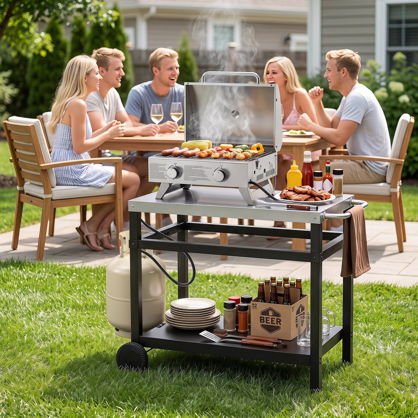 Outdoor Double-Shelf Grill Table with 85 x 50 cm Stainless Steel Top & Side Handle for Griddle-Black