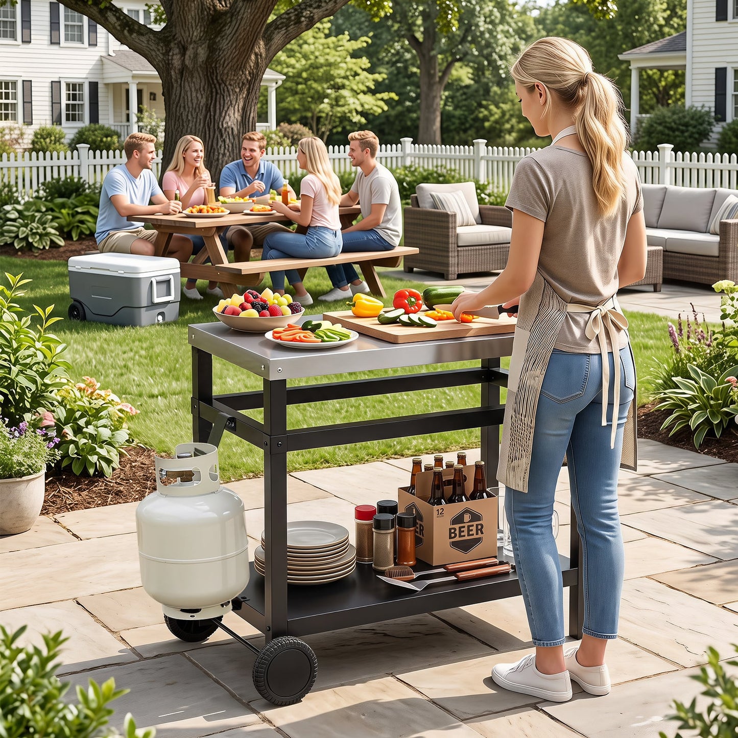 Outdoor Double-Shelf Grill Table with 85 x 50 cm Stainless Steel Top & Side Handle for Griddle-Black