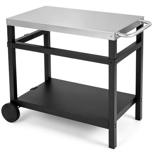 Outdoor Double-Shelf Grill Table with 85 x 50 cm Stainless Steel Top & Side Handle for Griddle-Black