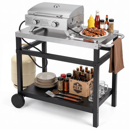 Outdoor Double-Shelf Grill Table with 85 x 50 cm Stainless Steel Top & Side Handle for Griddle-Black