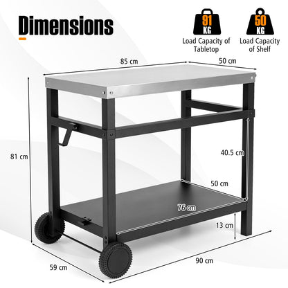 Outdoor Double-Shelf Grill Table with 85 x 50 cm Stainless Steel Top & Side Handle for Griddle-Black