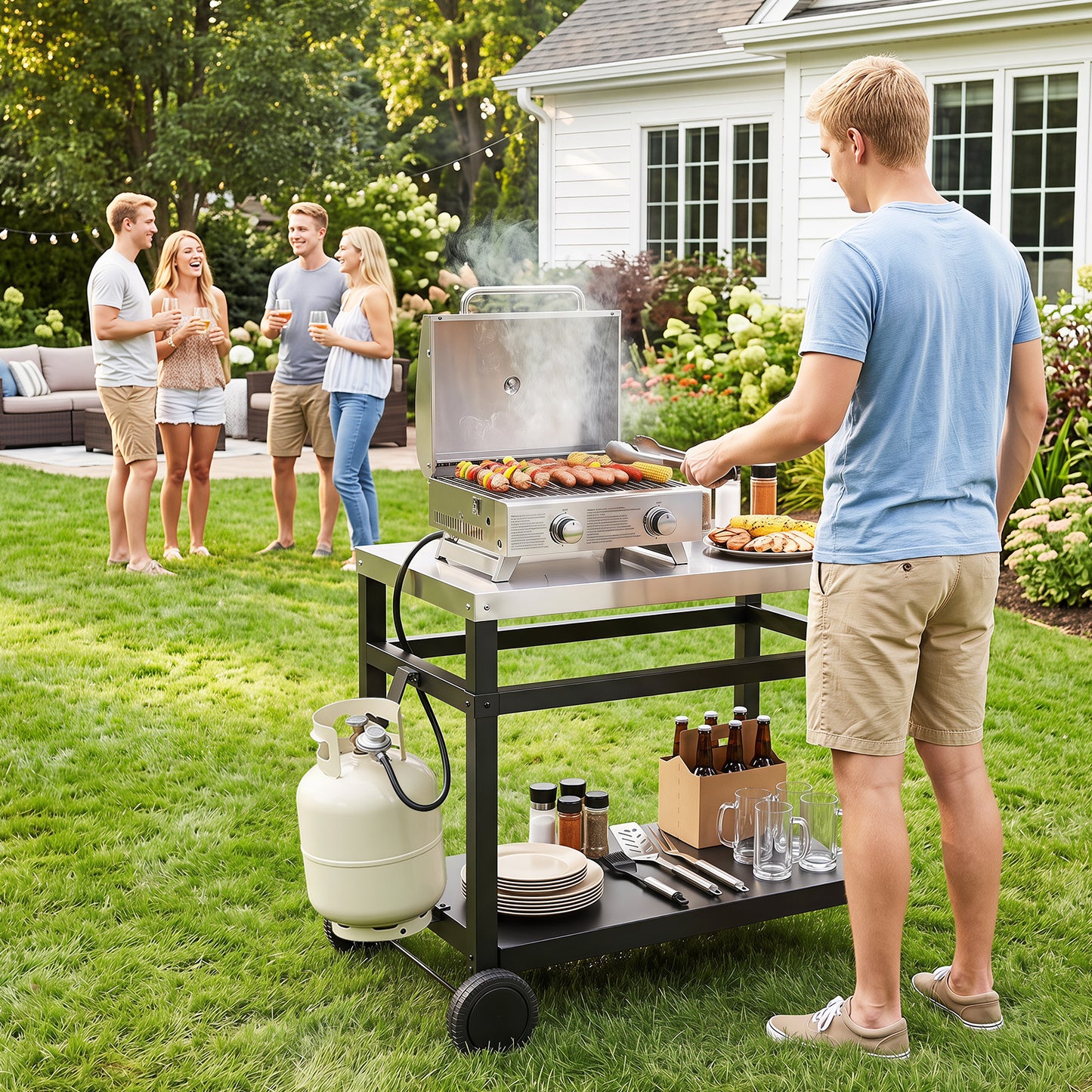 Outdoor Double-Shelf Grill Table with 85 x 50 cm Stainless Steel Top & Side Handle for Griddle-Black