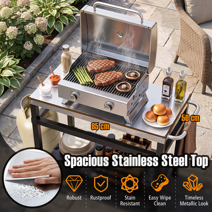 Outdoor Double-Shelf Grill Table with 85 x 50 cm Stainless Steel Top & Side Handle for Griddle-Black