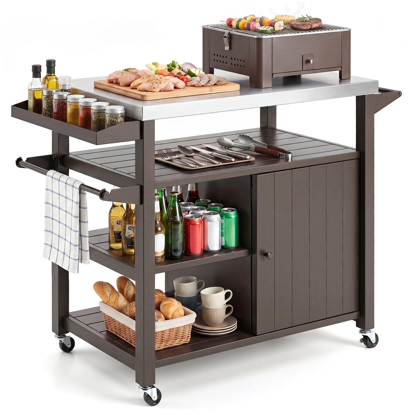 Outdoor Grill Cart Movable Prep Table with Storage Cabinet