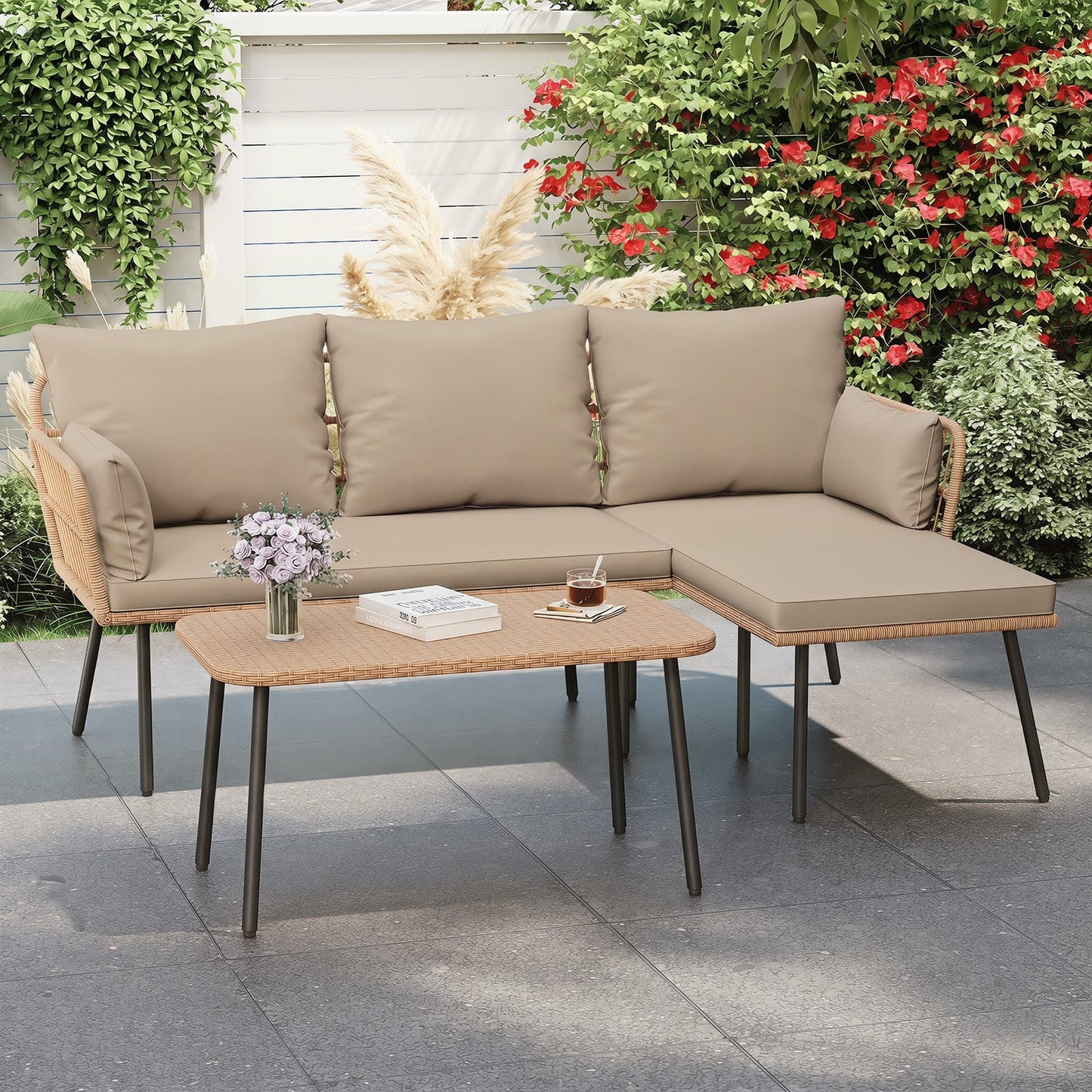 Outdoor L Shape Sofa Set with Coffee Table and Removable Cushions for Porch-Brown