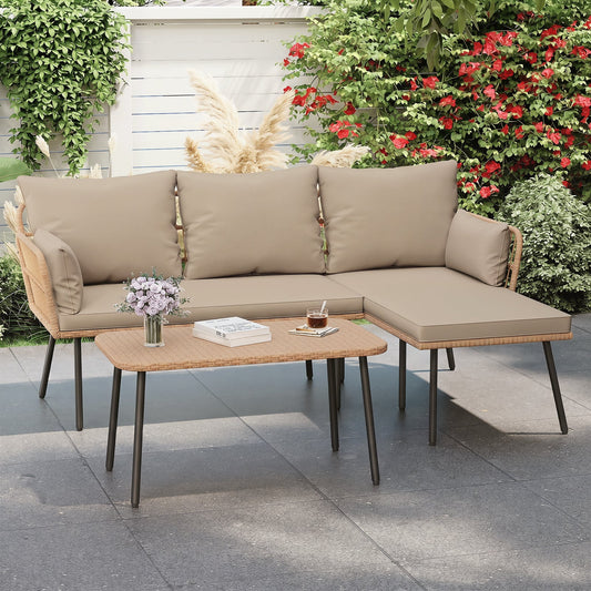 Outdoor L Shape Sofa Set with Coffee Table and Removable Cushions for Porch-Brown