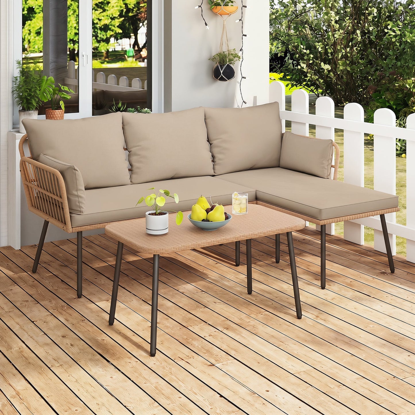 Outdoor L Shape Sofa Set with Coffee Table and Removable Cushions for Porch-Brown