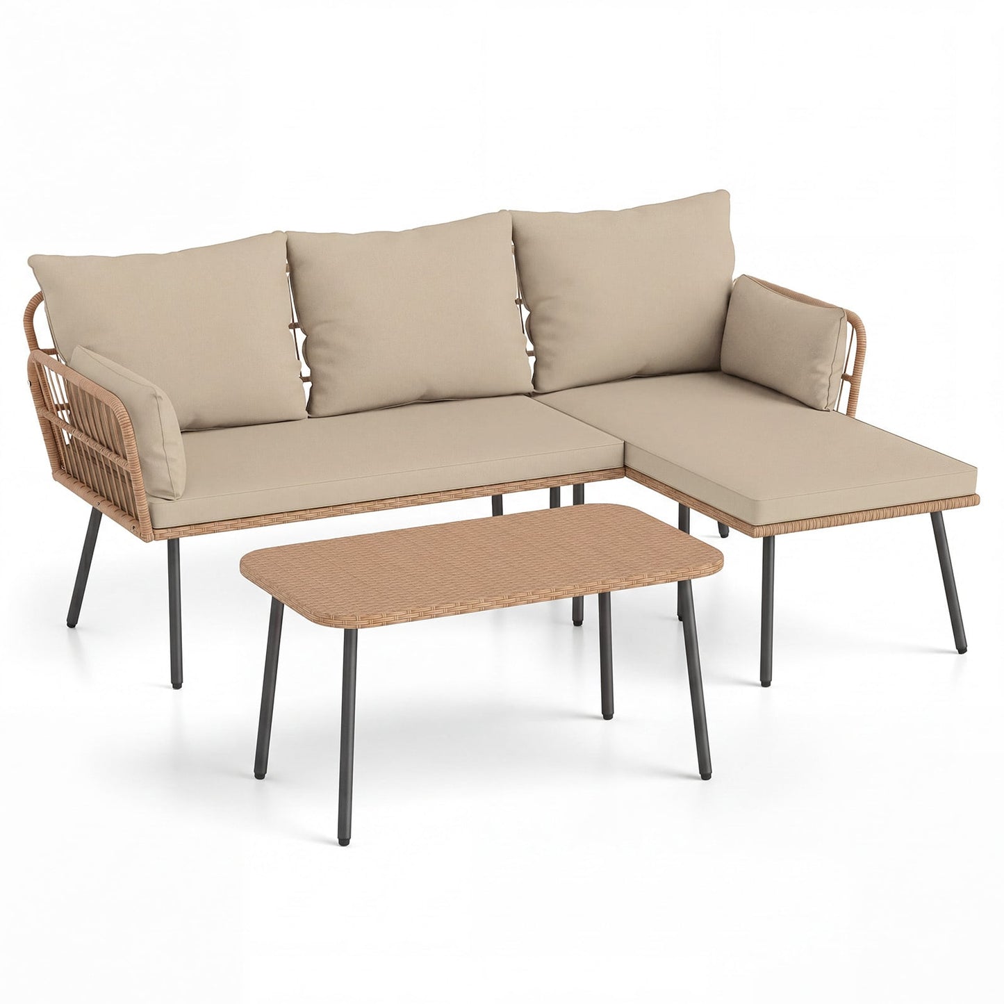 Outdoor L Shape Sofa Set with Coffee Table and Removable Cushions for Porch-Brown