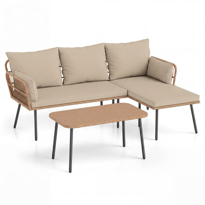 Outdoor L Shape Sofa Set with Coffee Table and Removable Cushions for Porch-Brown