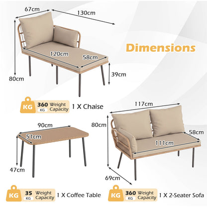 Outdoor L Shape Sofa Set with Coffee Table and Removable Cushions for Porch-Brown