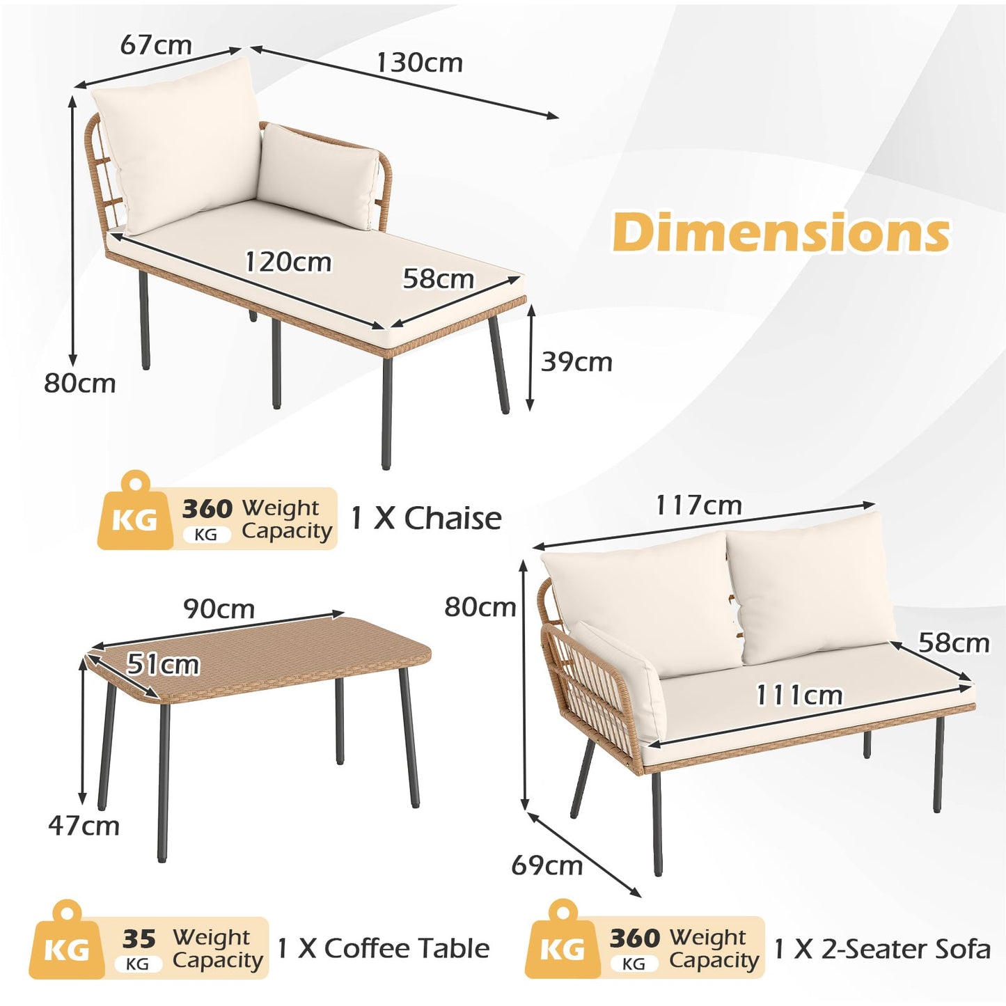 Outdoor L Shape Sofa Set with Coffee Table and Removable Cushions for Porch-White