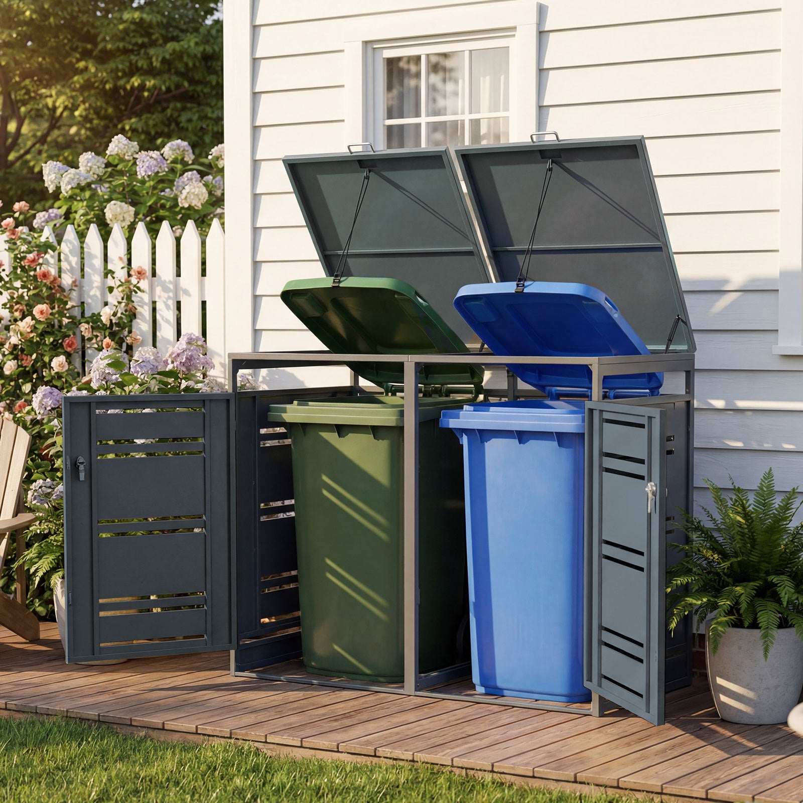 Outdoor Metal Garbage Bin Storage Shed for 2 Trash Cans-Grey