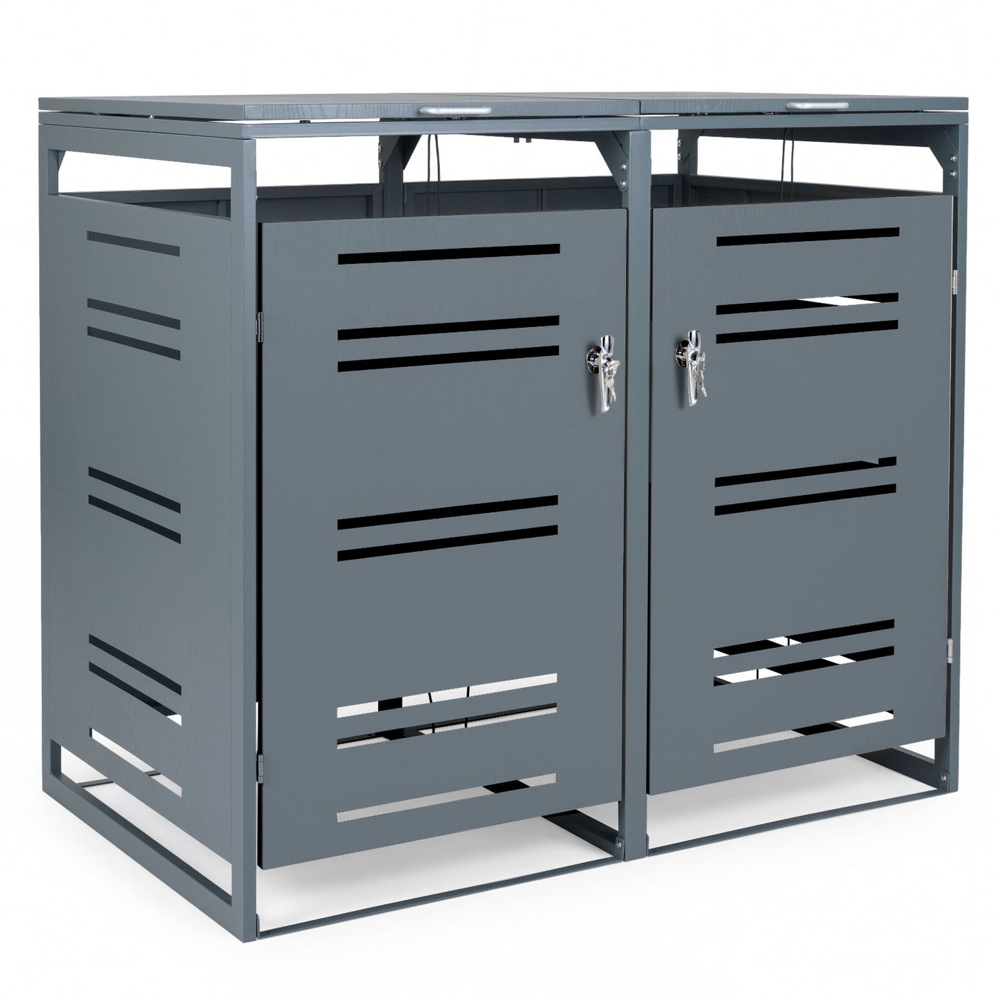 Outdoor Metal Garbage Bin Storage Shed for 2 Trash Cans-Grey