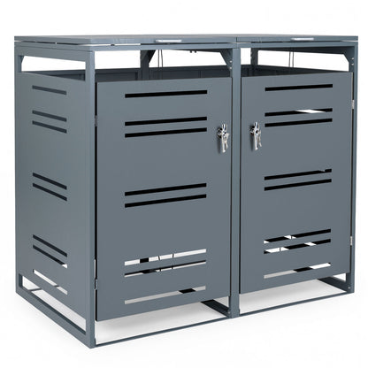 Outdoor Metal Garbage Bin Storage Shed for 2 Trash Cans-Grey