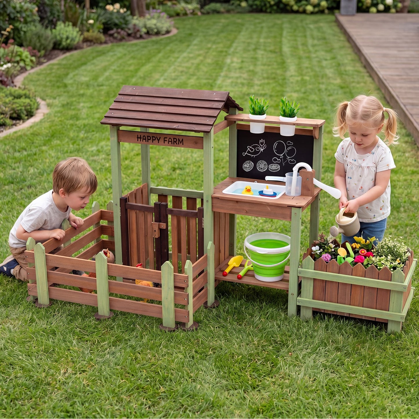 Outdoor Mud Farm Playset for Kids with Raised Planter Box and Real-Work Faucet