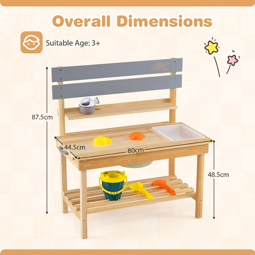 Outdoor Mud Kitchen with Extended Tabletop Sink Faucet and Storage Shelves for Kids-Natural