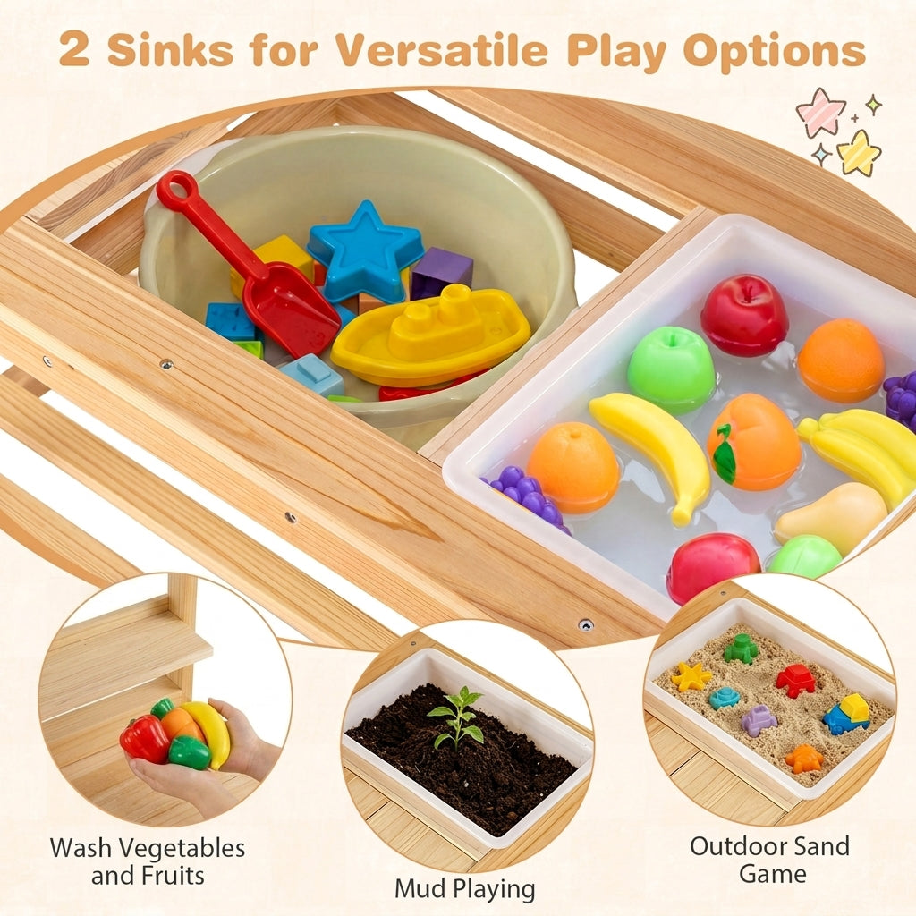 Outdoor Mud Kitchen with Extended Tabletop Sink Faucet and Storage Shelves for Kids-Natural