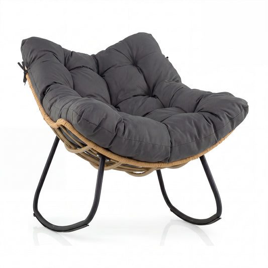 Outdoor Papasan Rocking Chair Oversized PE Wicker Patio Egg Chair with Thick Cushion-Grey