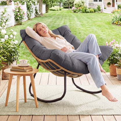 Outdoor Papasan Rocking Chair Oversized PE Wicker Patio Egg Chair with Thick Cushion-Grey