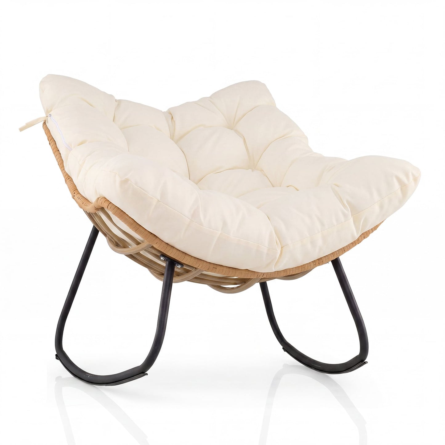 Outdoor Papasan Rocking Chair Oversized PE Wicker Patio Egg Chair with Thick Cushion-White