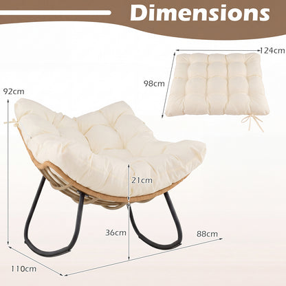 Outdoor Papasan Rocking Chair Oversized PE Wicker Patio Egg Chair with Thick Cushion-White