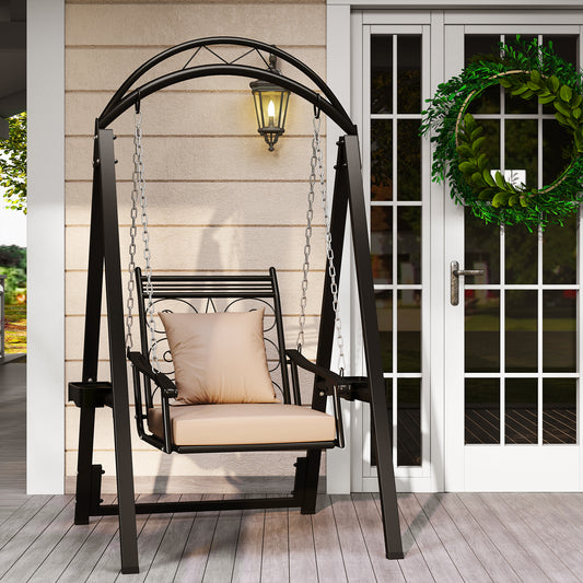 Outdoor Porch Swing with Removable Cushions and Side Tables for Garden Backyard-Black