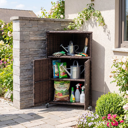 Outdoor Rattan Storage Cabinet with Shelves and 2 Doors and Lockable Wheels for Patio-Brown