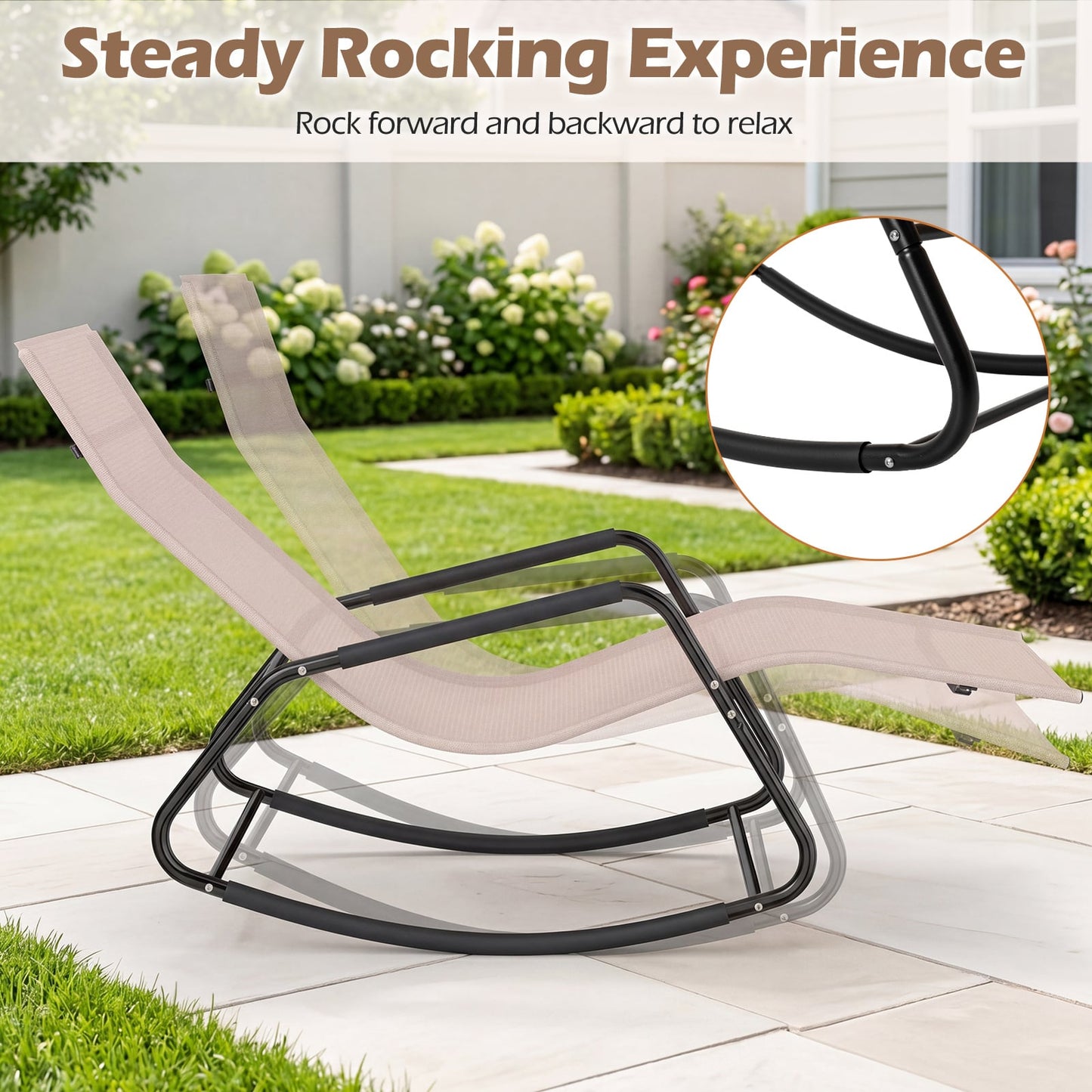 Outdoor Rocking Chair and Patio Lounge Chair with Curved Armrests and Back Support Bar for Garden-Beige