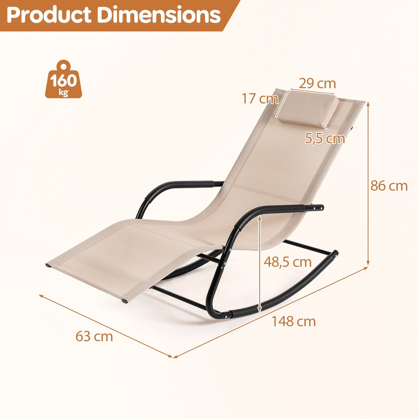Outdoor Rocking Chair and Patio Lounge Chair with Detachable Headrest and Curved Armrests-Beige
