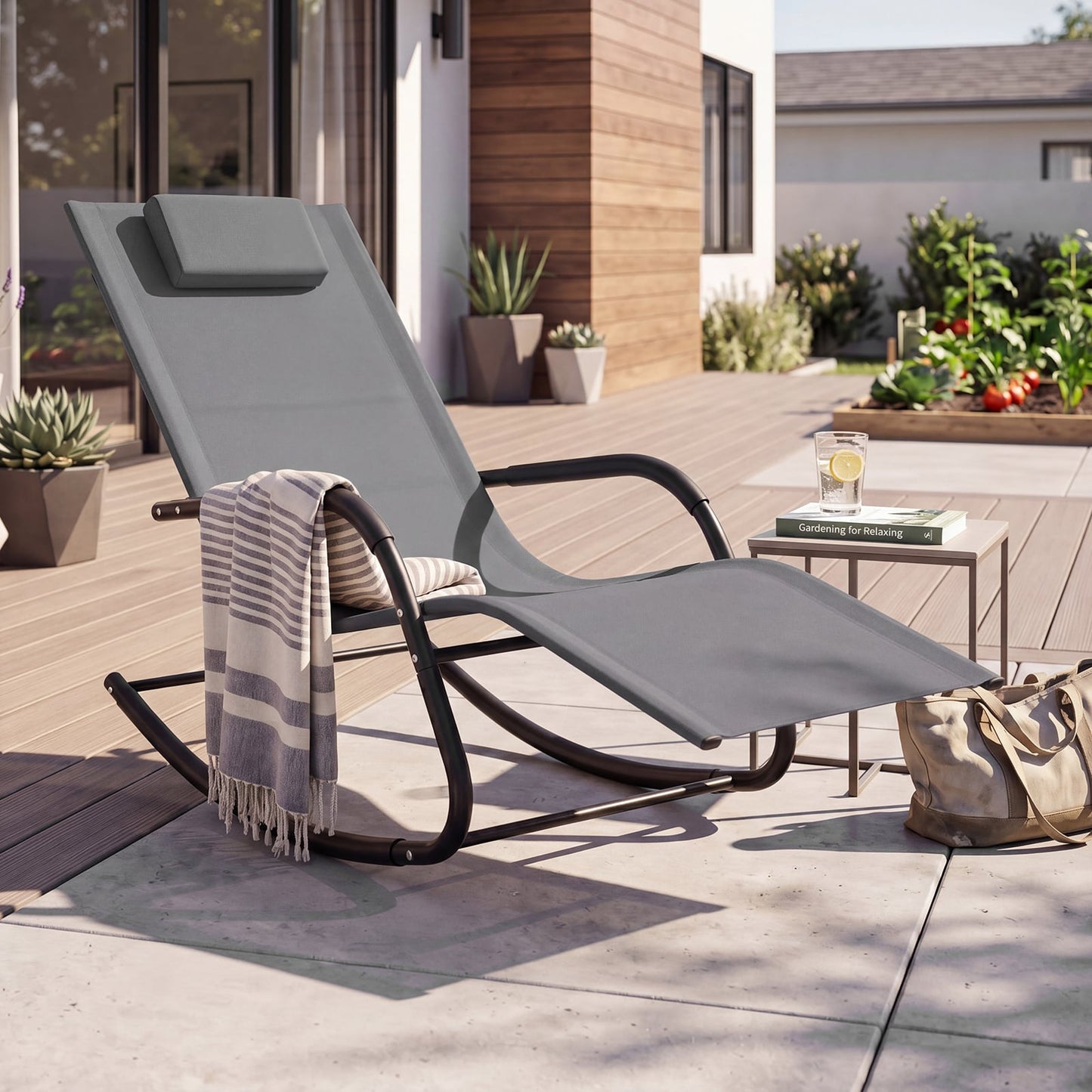 Outdoor Rocking Chair and Patio Lounge Chair with Detachable Headrest and Curved Armrests-Grey