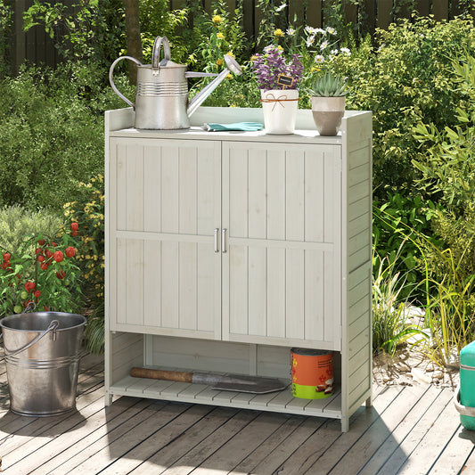 Outdoor Solid Wood Potting Bench with Storage Removable Shelves-Grey