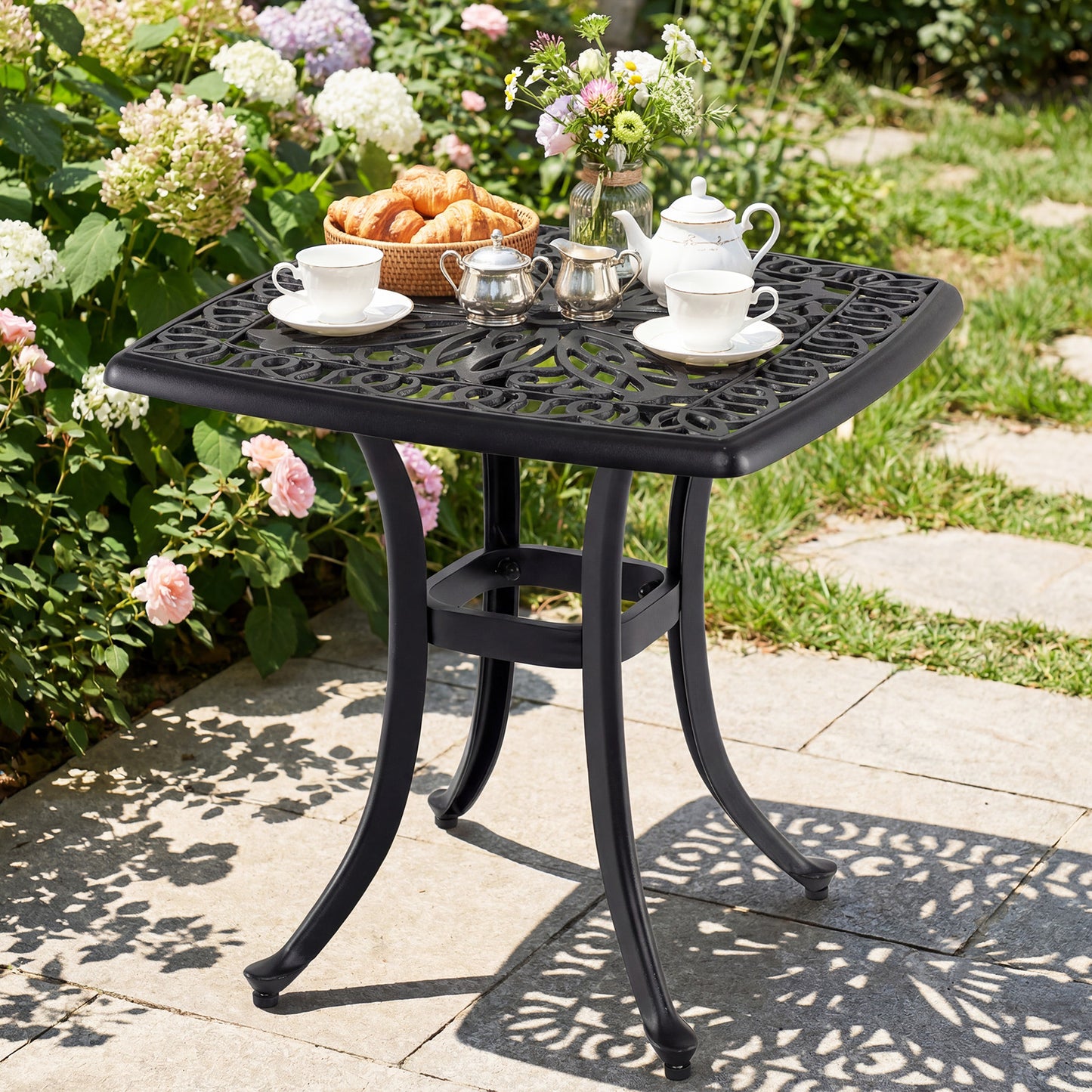 Outdoor Square Cast Aluminum Patio Side Table with Umbrella Hole-Black