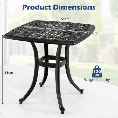 Outdoor Square Cast Aluminum Patio Side Table with Umbrella Hole-Black