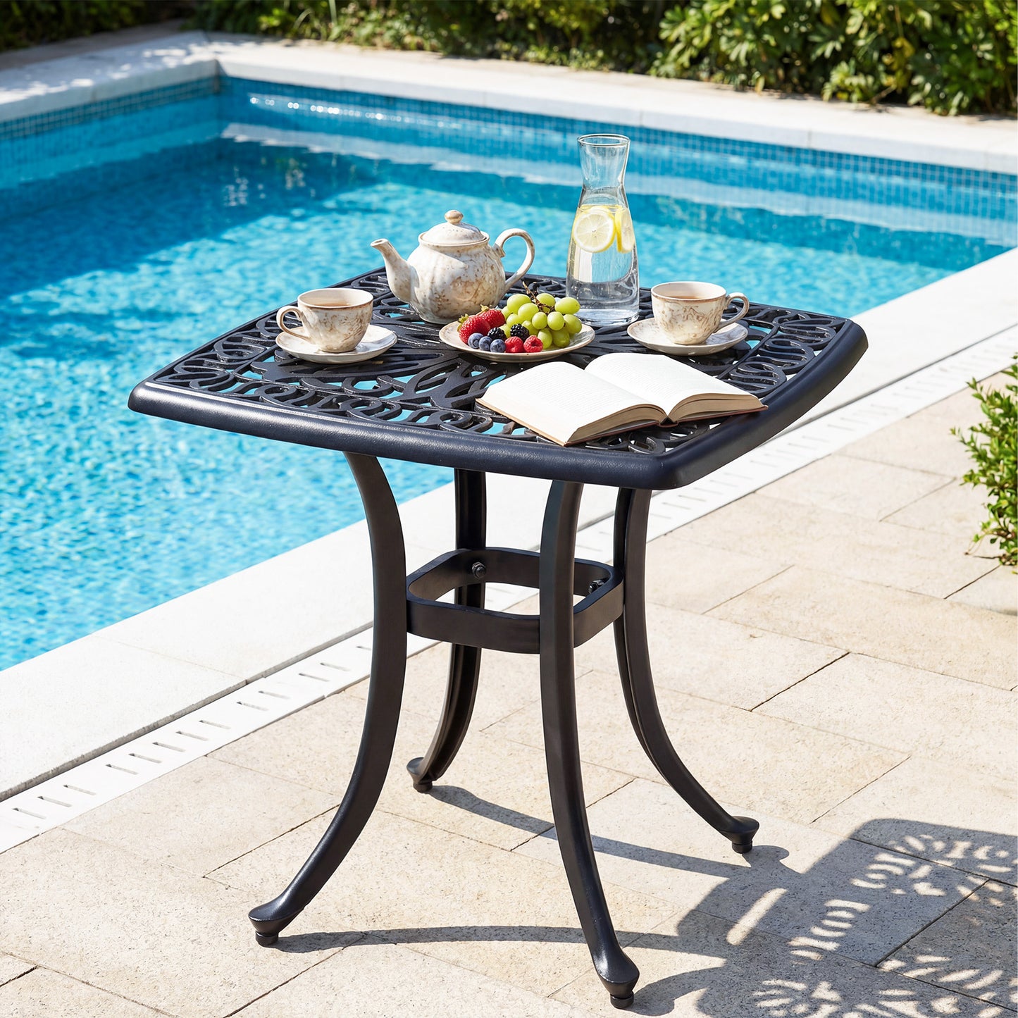 Outdoor Square Cast Aluminum Patio Side Table with Umbrella Hole-Black