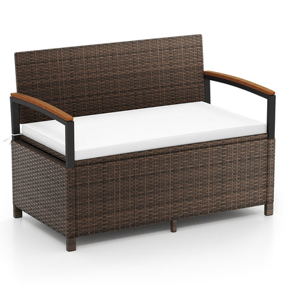Outdoor Storage Bench with Cushion and Acacia Wood Armrests