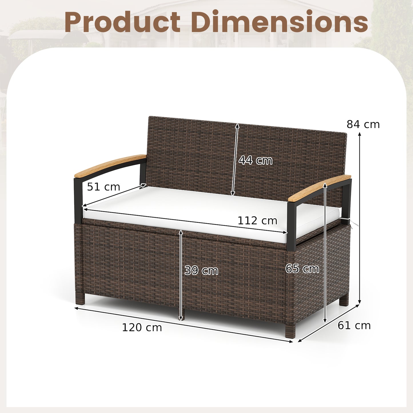 Outdoor Storage Bench with Cushion and Acacia Wood Armrests