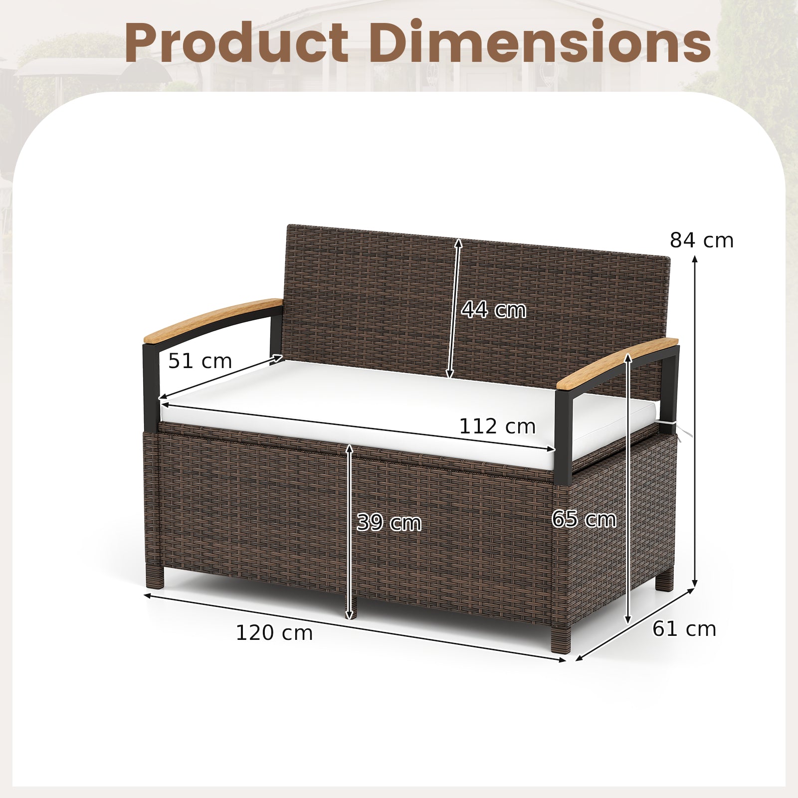 Outdoor Storage Bench with Cushion and Acacia Wood Armrests