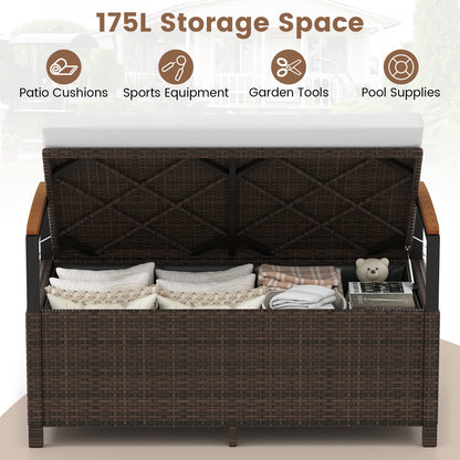 Outdoor Storage Bench with Cushion and Acacia Wood Armrests