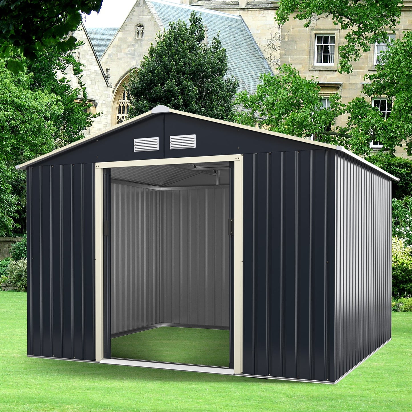 Outdoor Storage Shed 9.1x6.3 FT with Extension Kit & Sliding Door for Garden Backyard-Grey