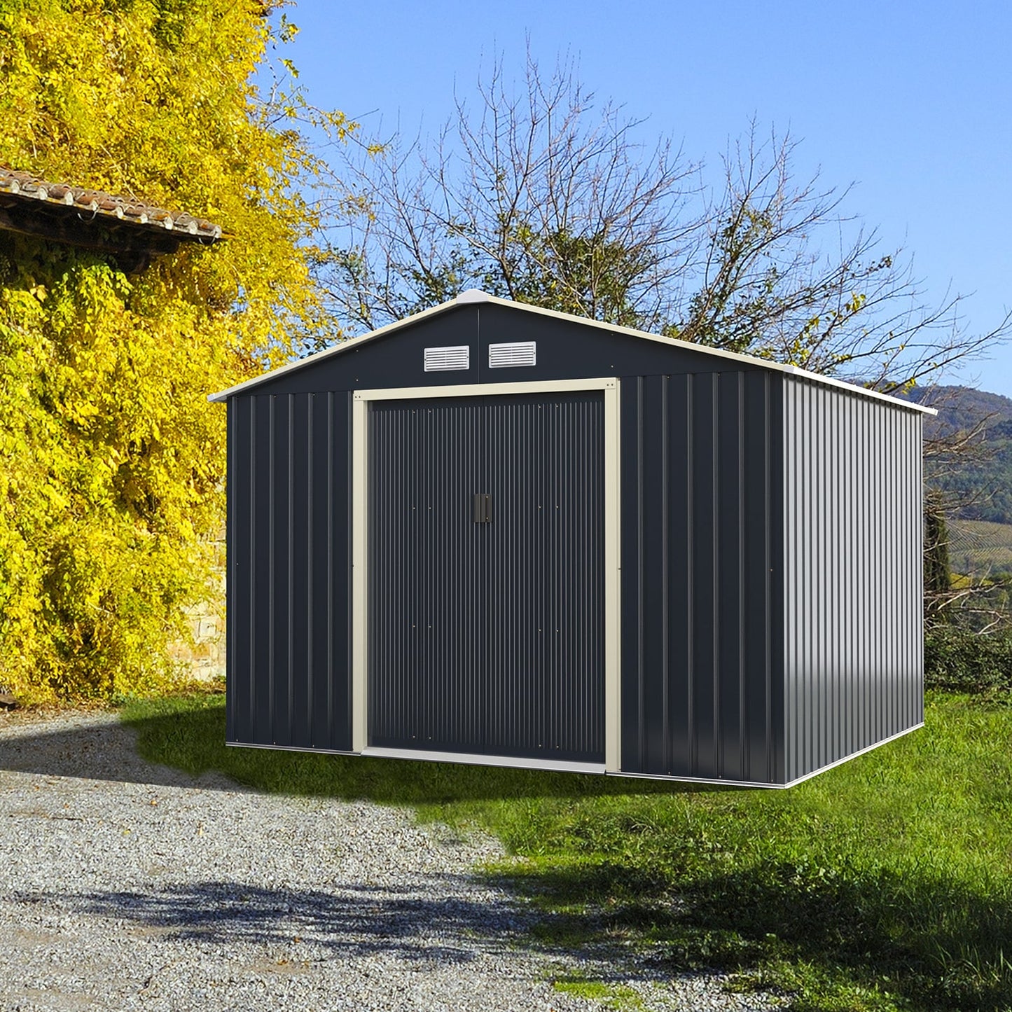 Outdoor Storage Shed 9.1x6.3 FT with Extension Kit & Sliding Door for Garden Backyard-Grey