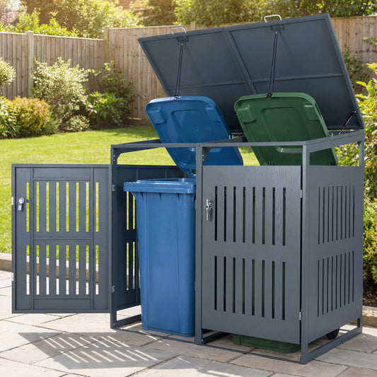 Outdoor Trash Can Storage Shed for 2 Bins with Gas Struts and Lockable Grilled Doors-Dark Grey