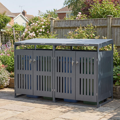 Outdoor Trash Can Storage Shed for 2 Bins with Gas Struts and Lockable Grilled Doors-Dark Grey
